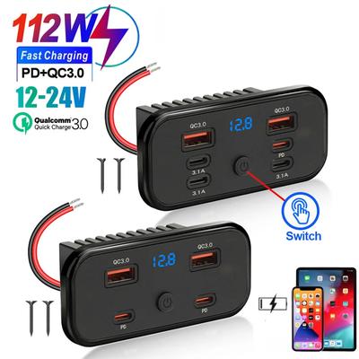 4/6 In 1 Quick Charger Panel PD QC3.0 Car Charger Socket 3.1A 12V/24V Motorcycle Bus Dual USB Power Outlet with On/off Switch & Digital Voltmeter