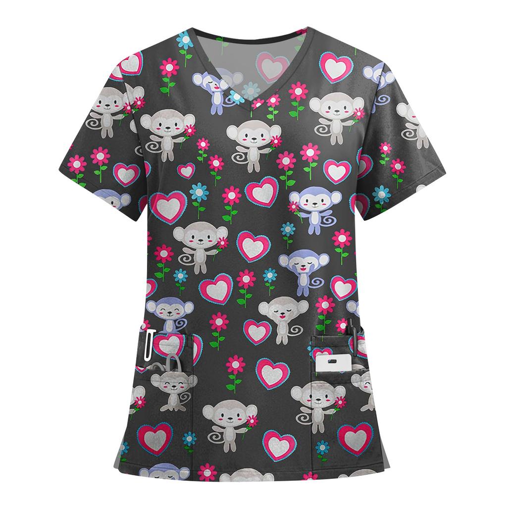 Women's Fashion Printed Short Sleeve V Neck Pattern Tops Pocket Working T-shirts