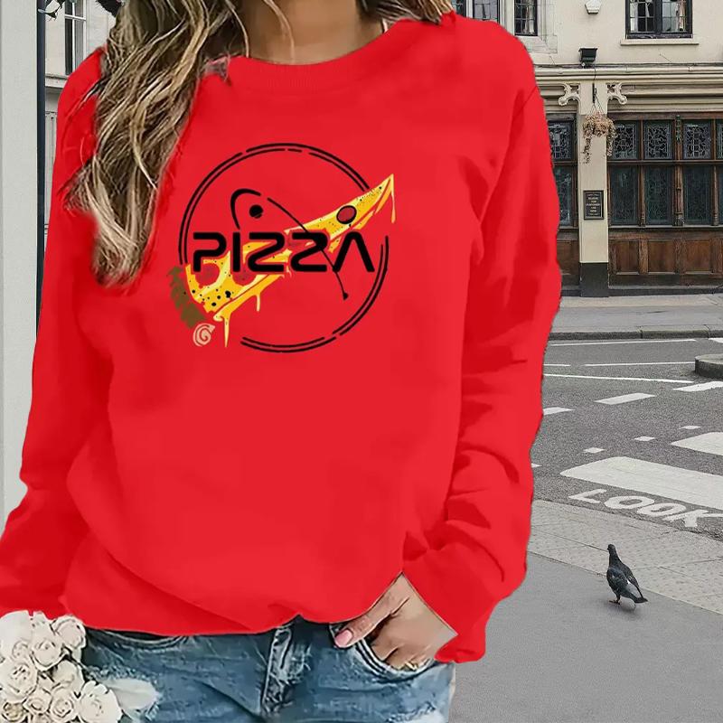 Hauts Pour Femmes T-shirt Simple à Manches Longues et Col Rond avec Imprimé Lettre Pizza Automne Décontracté Pull Slim Haut à Manches Longues pour Femmes