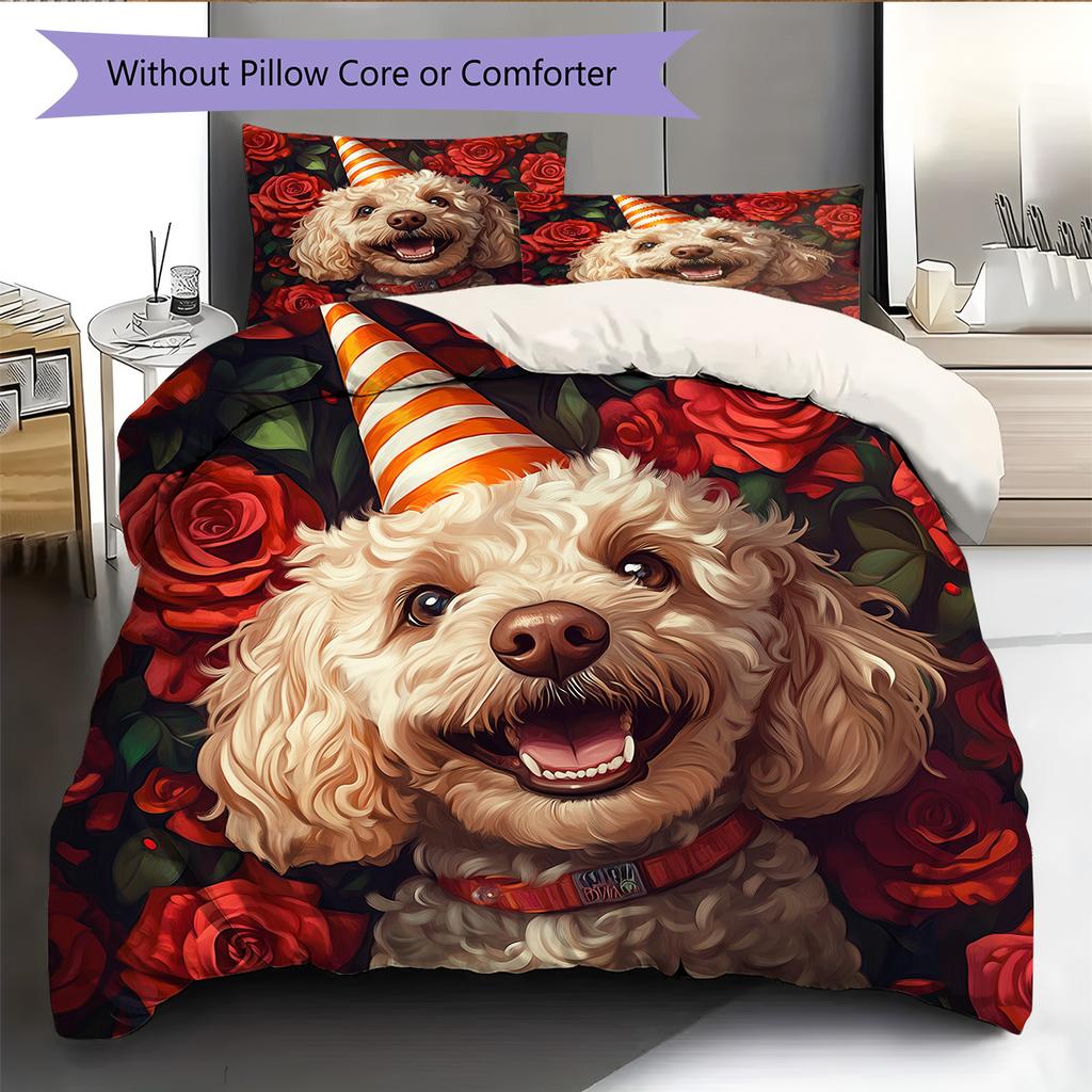 Rose Dog for Birthday Pattern Bedding Quilt Set  Home Decoration  Gift (1 * duvet cover + 2 * pillowcase  without core)