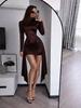 Burgundy Glossy Turtleneck Dress Dress Long Sleeve Waist Pleated Streamer Slim Hip Wrap Sexy Short Dress