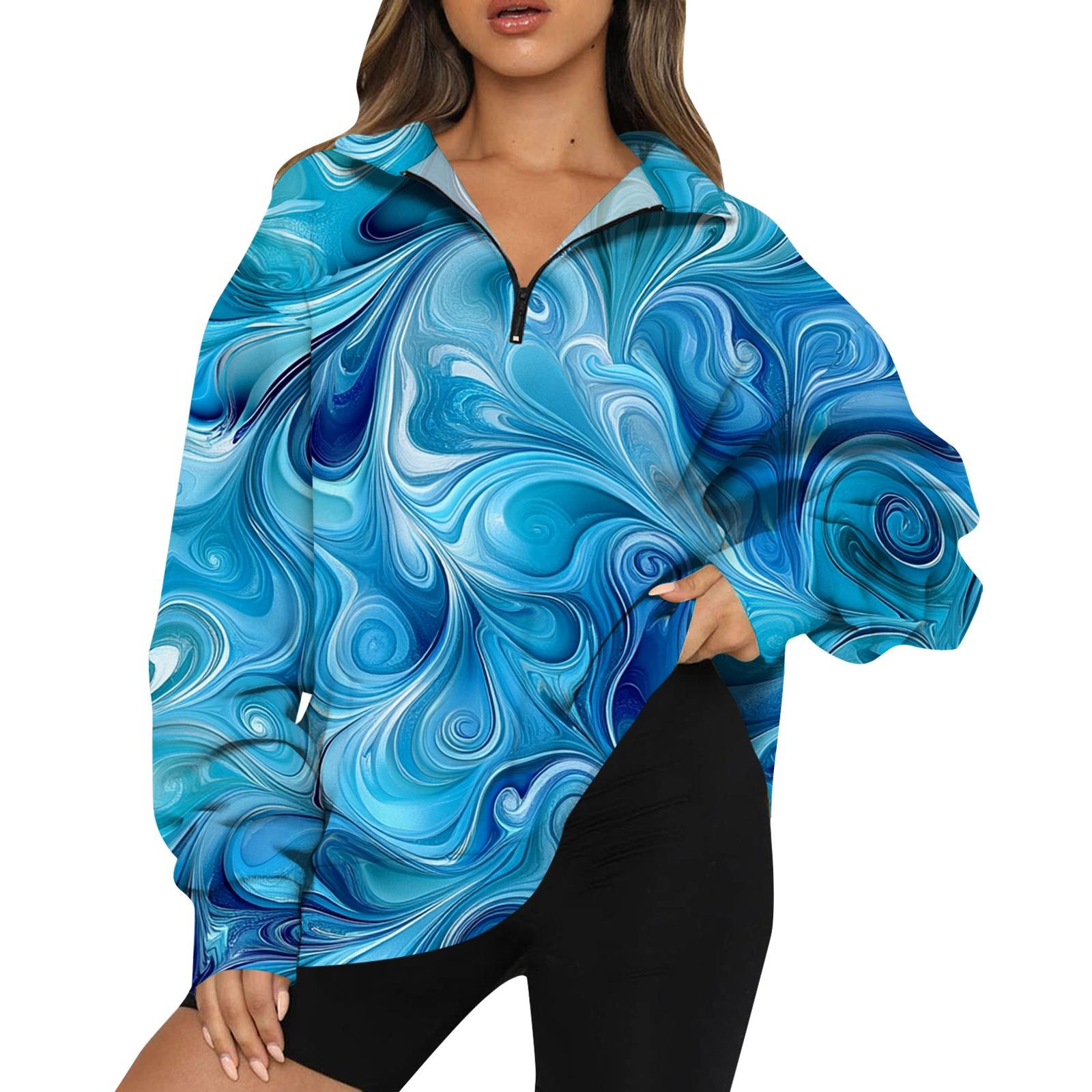 

Женская мода повседневная толстовка с длинным рукавом и принтом на молнии с высоким воротом и заниженными плечами XXXL циан