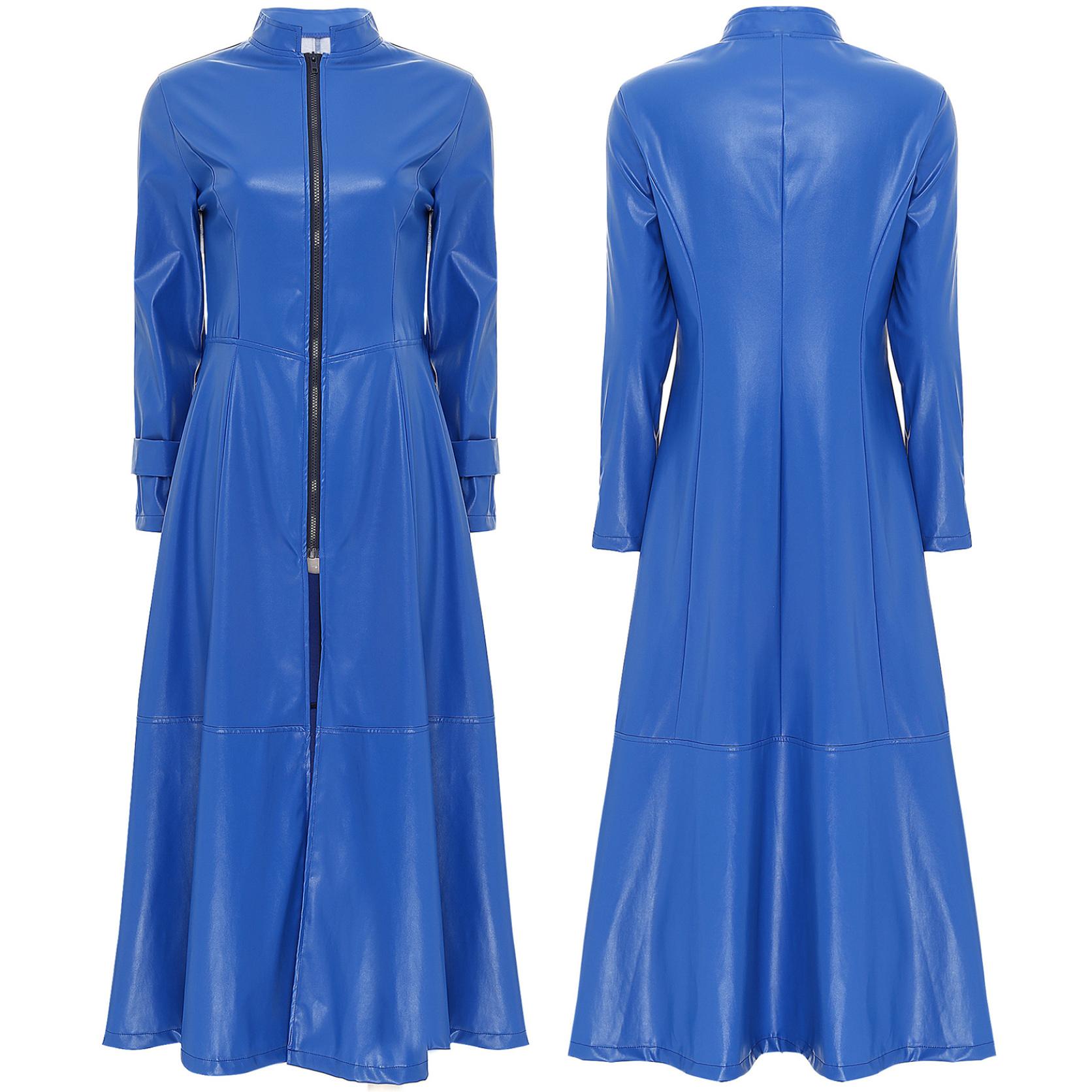 

Готичне мотоциклетне пальто в стилі стімпанк, диско-вечірка, довге пальто, тренч зі штучної шкіри, куртка-плащ, сукня на повну блискавку до щиколотки для жінок і чоловіків XL королівський синій колір