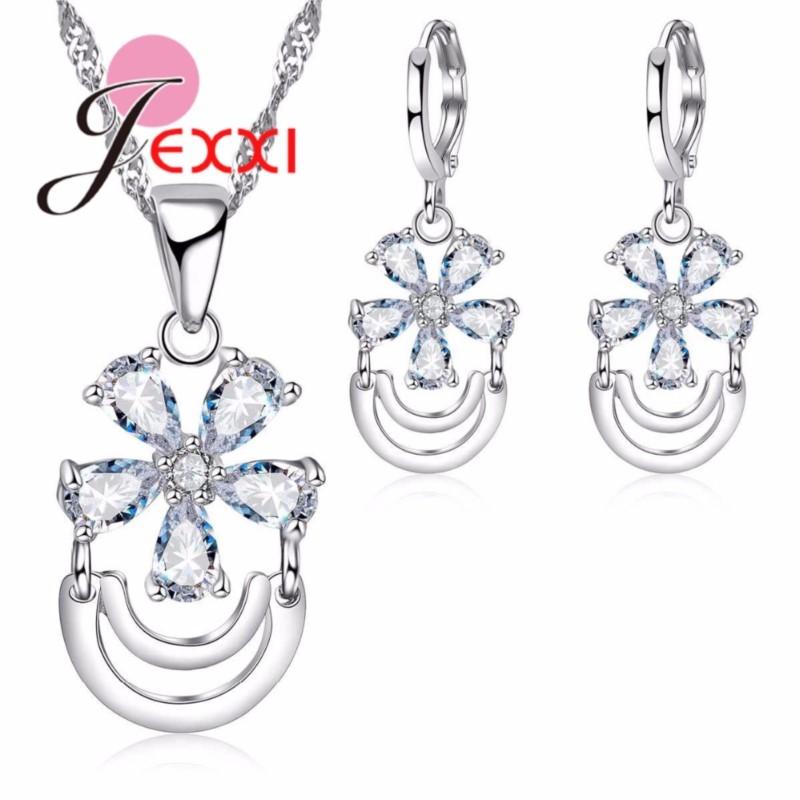 925 Sterling Silver Wedding Jewelry Set With CZ Cubic Zirconia Flower Pendant Necklace Earrings Sets for Women