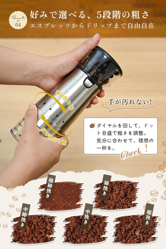 PACEIN Elektrische Kaffeemühle, Kabellos, Waschbar, 5 Mahlgradeinstellungen, Keramikmahlwerk, Niedertemperatur-Mahlwerk, Wiederaufladbar, Automatische Abschaltung,