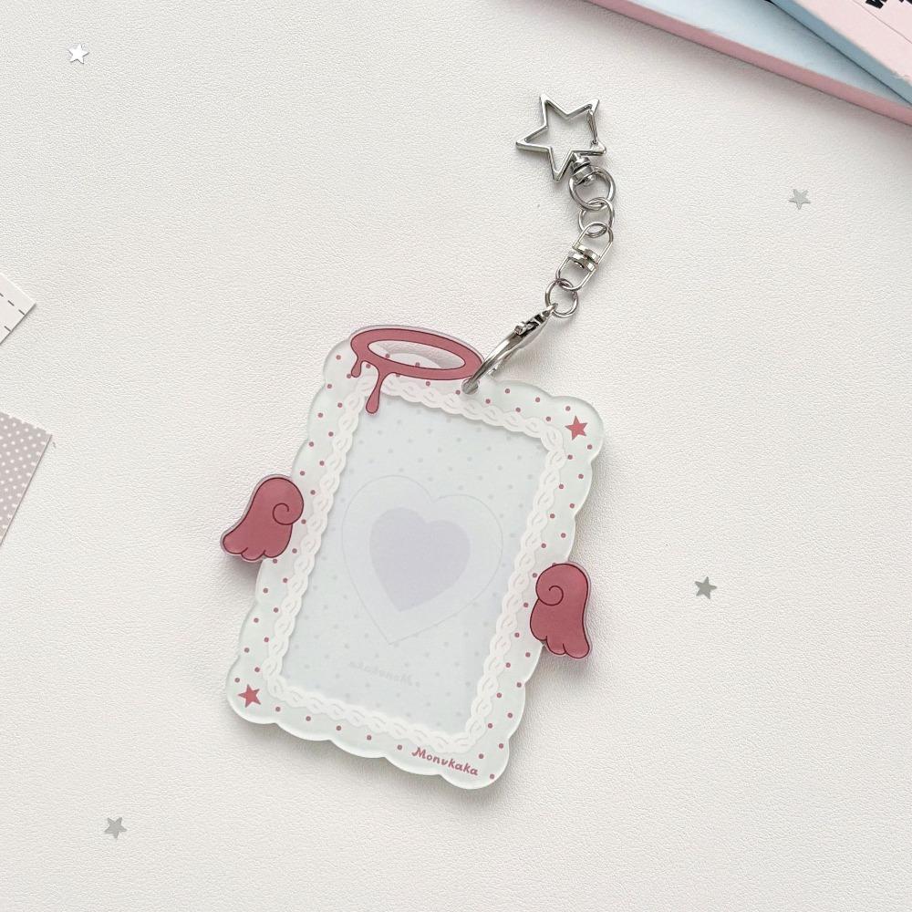 Kawaii Acrylic Photocard Holder Angel Wings with Star Keychain Card Sleeve Hard Card Protector 3-inch Photos Card Cover