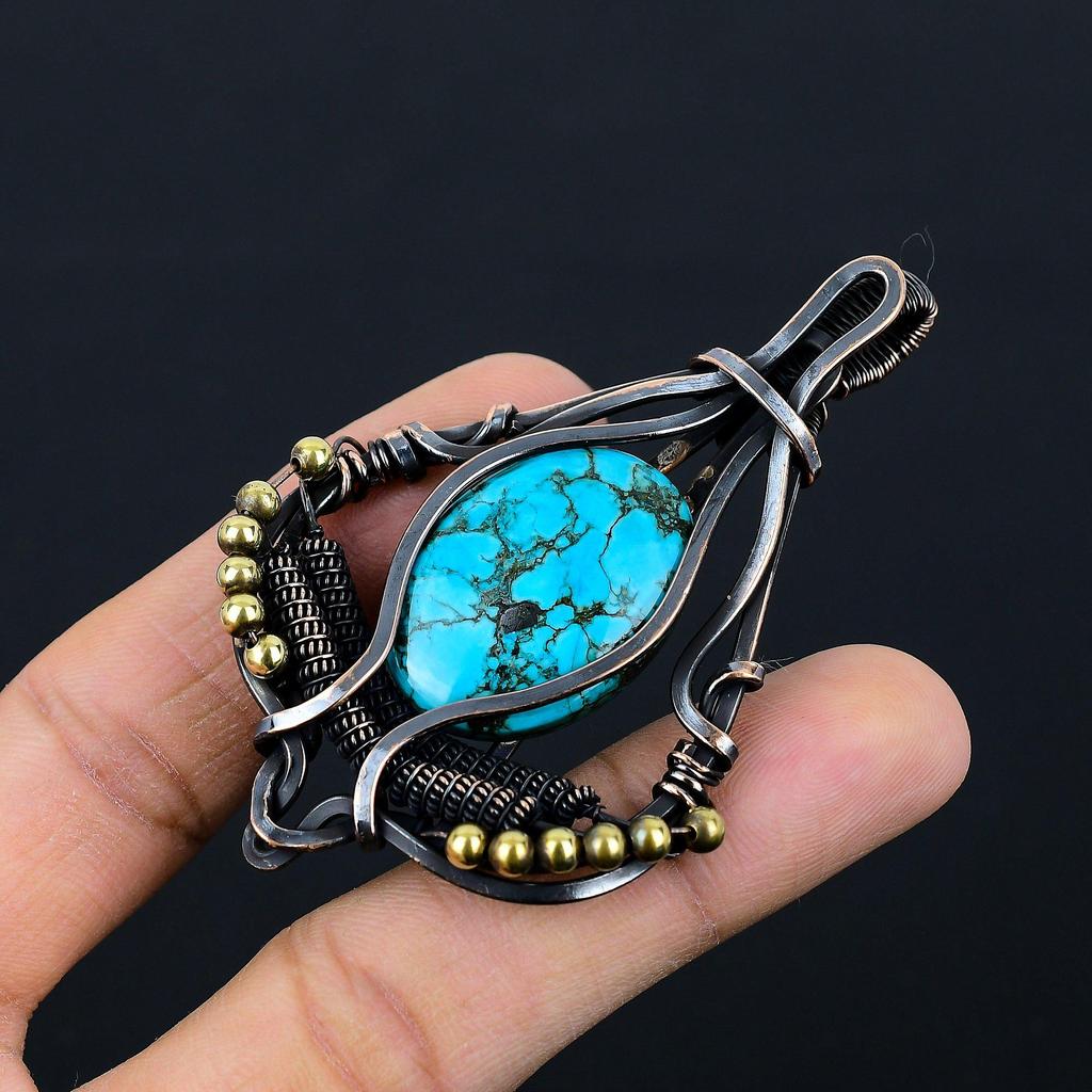 Tibetan Turquoise Gemstone Pure Copper Wire Wrapped Designer Handmade Pendant Jewelry For Her