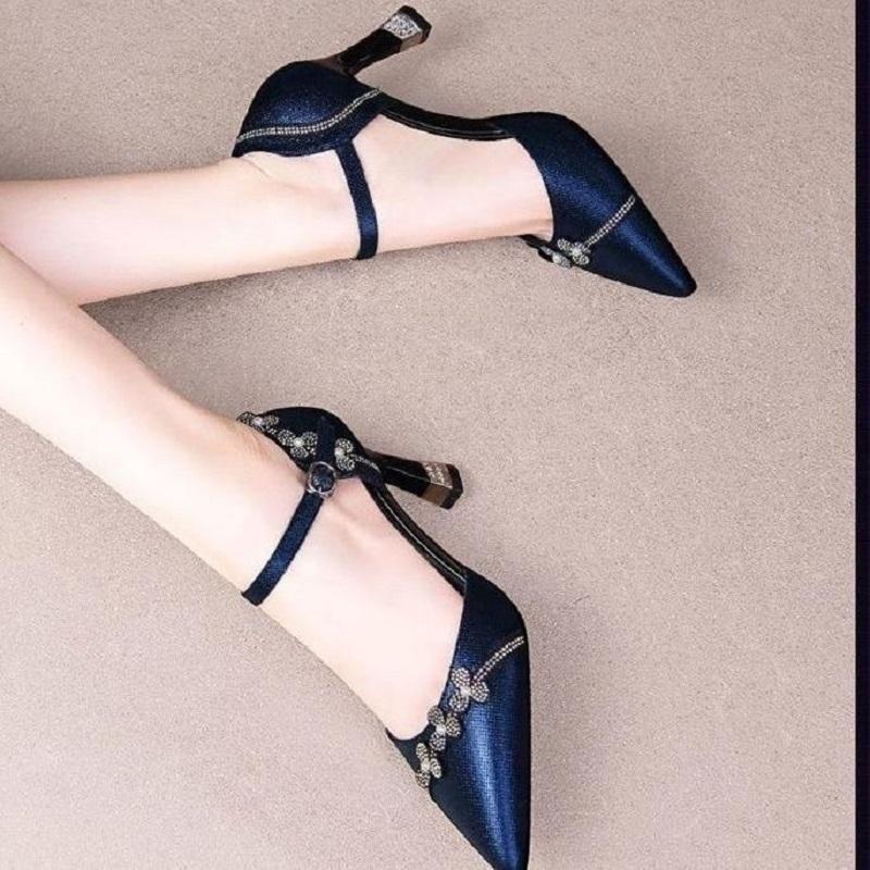  sapatos femininas women fashion wine red buckle strap floral stiletto heel shoes lady casual navy blue sexy pump ab589