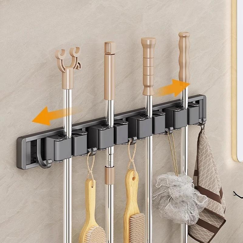 Mop and Broom Organizer Holder Rack Mop Holder Wall Mounted Strong Broom Holder Self With 5 Hooks Organizers Hang Broom