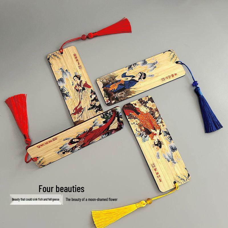 Ancient Style Bamboo Bookmark: Four Great Beauties - Classical Chinese Design, Creative Wooden Small Gift