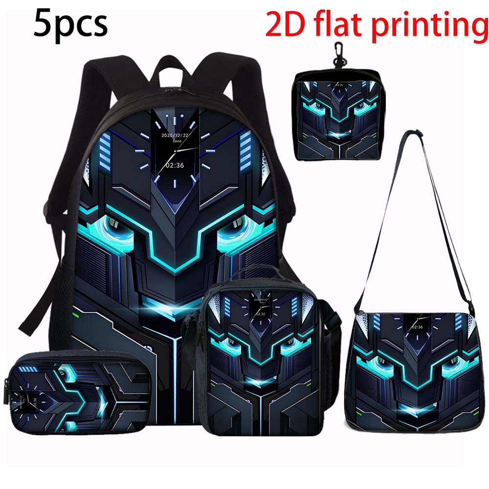 1/2/3/4/5PCS Robot Graphic Backpack Set | Ideal for School & Daily Travel