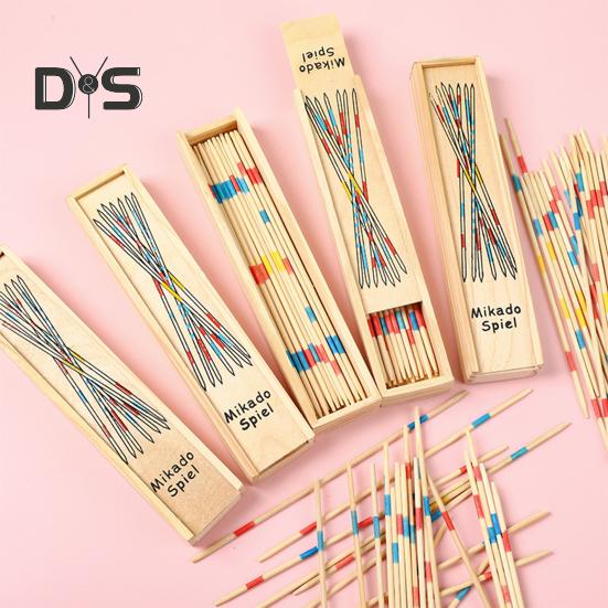 Wooden Pick-Up Sticks Game with Box Kids Adults Interactive Classic Board Game Brain Teaser Educational Long Bamboo Stick Picking Desk Toy