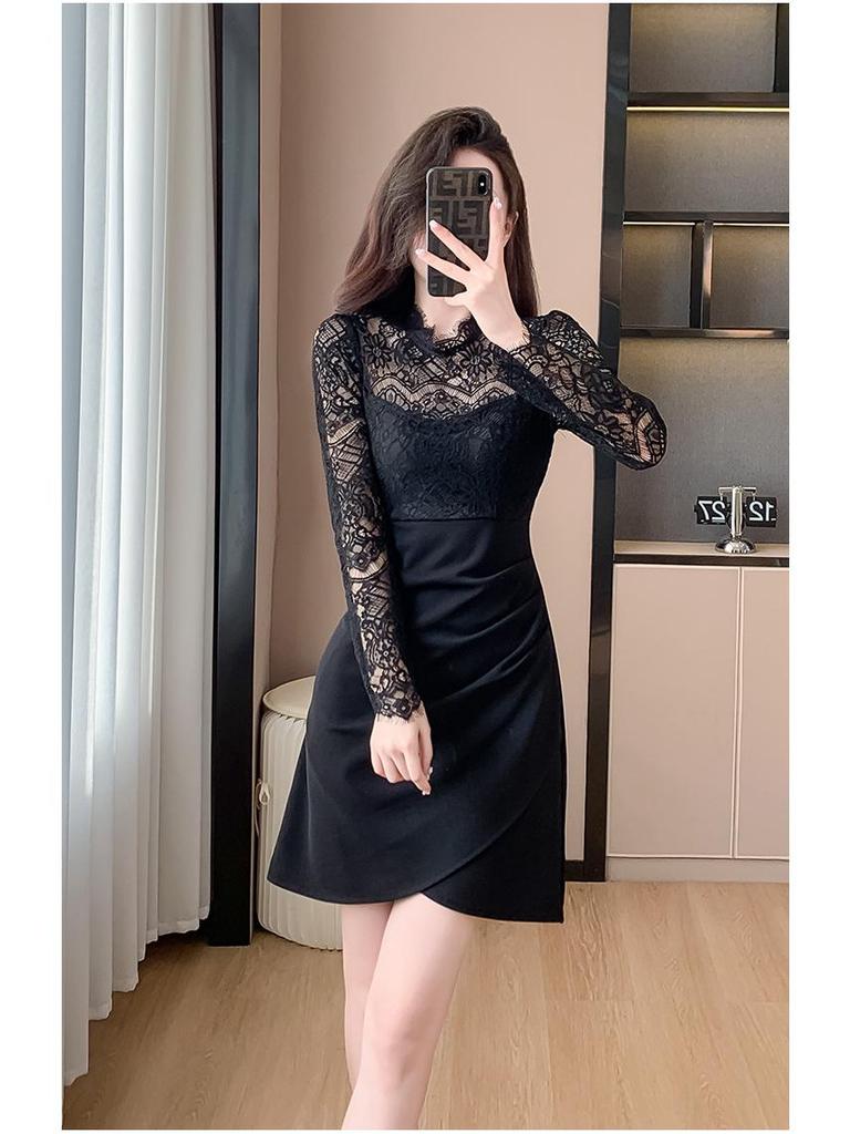 Elegant Lace Patchwork Semi-High Neck Dress: Waist-Cinching, Hip-Hugging Short Skirt