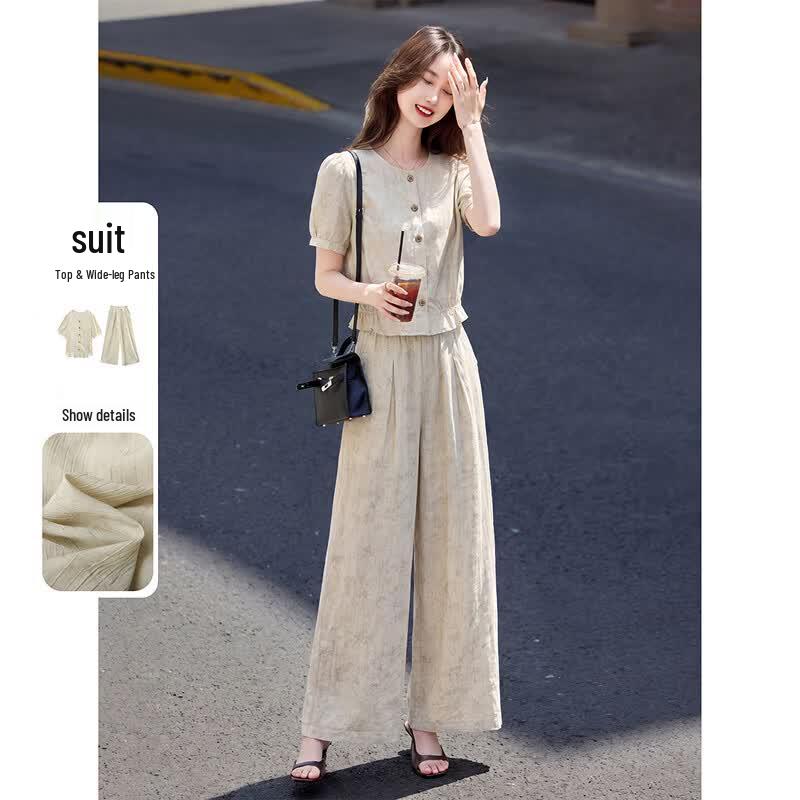Retro Casual Short-Sleeve Shirt & Wide-Leg Pants Set