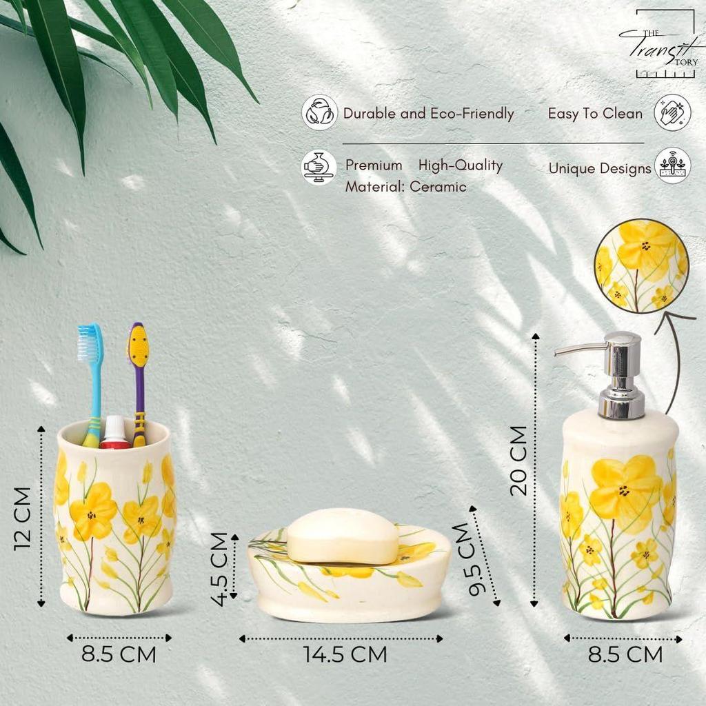 Keramiska Badrumstillbehör Set om 3 | Modernt Handmålat Badset med 300ml Tvåldispenser, Tandborsthållare & Tvålkopp | Badrumsartiklar