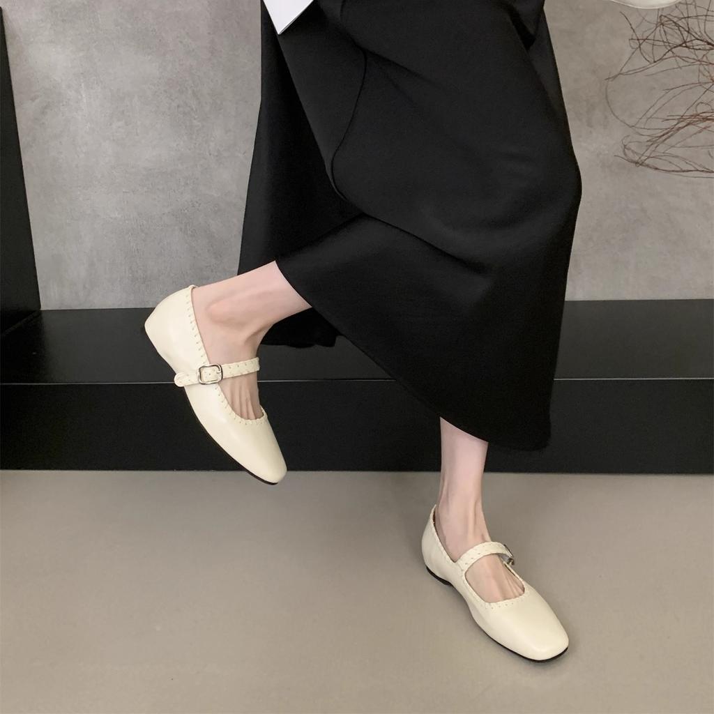 FengLiDa Inner Height Increase Mary Jane Single Shoes Women's 2025 Autumn Retro Square Head Shallow Mouth One-word Buckle Small Leather Shoes