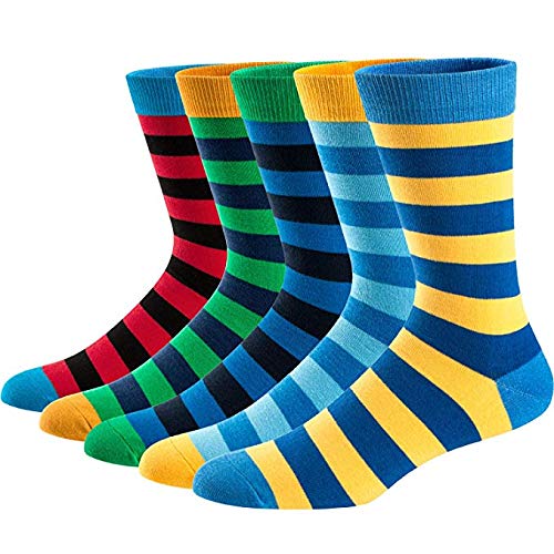 5Pairs Mens Fun Dress Socks Pattern Funny Socks Pack Colorful Striped Combed Cotton Novelty Socks Cool Breathable Casual Socks