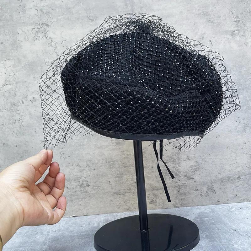 Korean Mesh Rhinestone Beret Black Elegant Temperament All Match Pumpkin Hat Retro Fashion Painter Hat