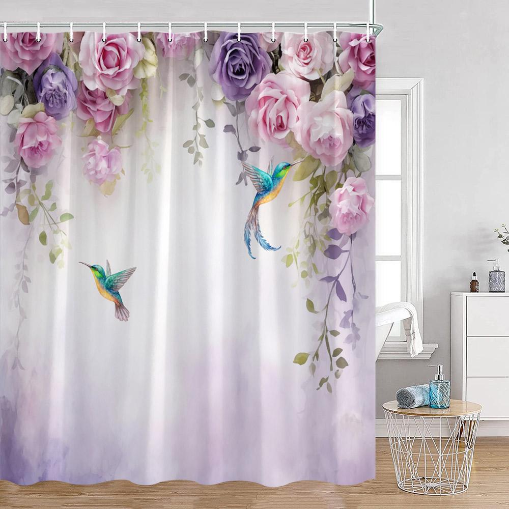 Purple Flowers Shower Curtains Wisteria Lavender Butterfly Birds Pirple Floral Bathroom Decorations Modern Elegant Bath Curtain