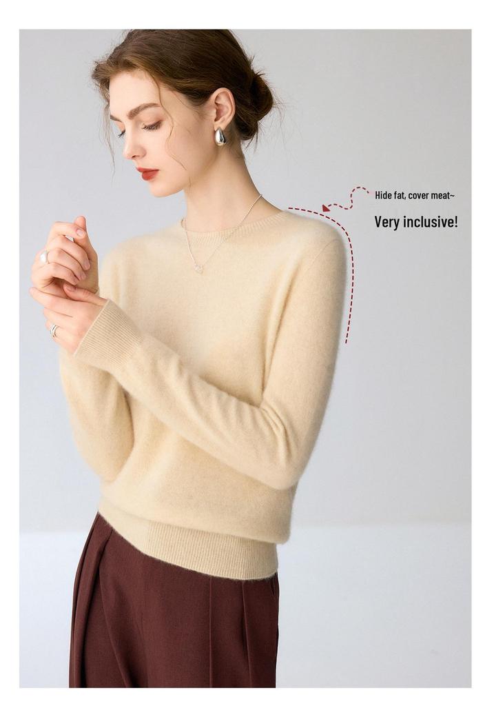 Women's 100% Pure Cashmere Round Neck Slim Fit Sweater - Long Sleeve Knit Base Layer for Autumn/Winter