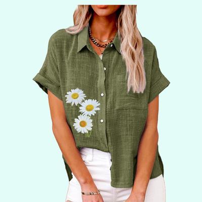 Maglietta Moda Donna Stampa Floreale Estiva Casual con Collo a Revers e Taschino Autunnale Ampia a Maniche Corte T-shirt Casual da Donna in Lino