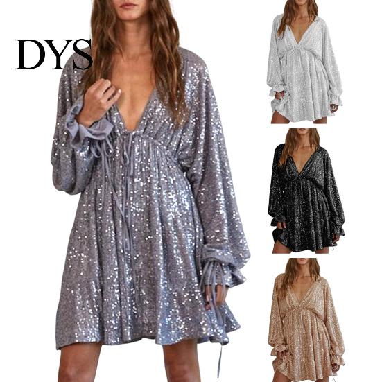 Lightweight Dress Lady Club Party Deep V Neck Shimmering Sequin Loose Solid Slimming V-neck Color Long Sleeve Bow Lace-up Strap Look Mini