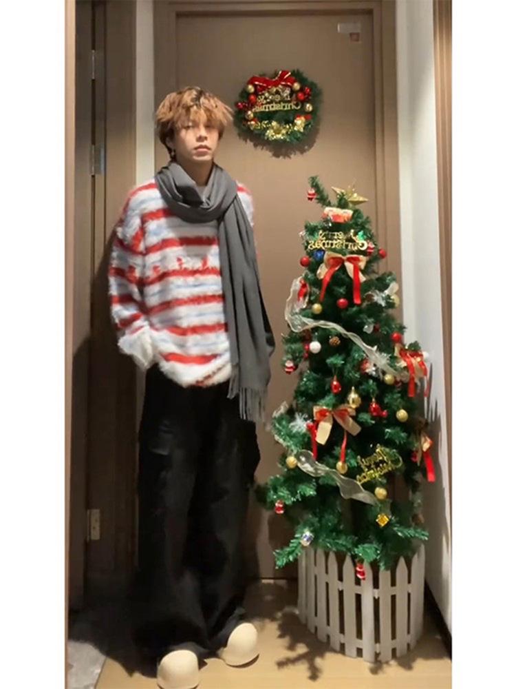 Men s American Style Colorful Striped Mohair Sweater – Trendy Winter Knitwear for a Festive Atmosphere L