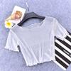 O-Ausschnitt Kurzarm Sheer Trim Crop Top Frauen See-through Glitter Mesh T-Shirt Streetwear