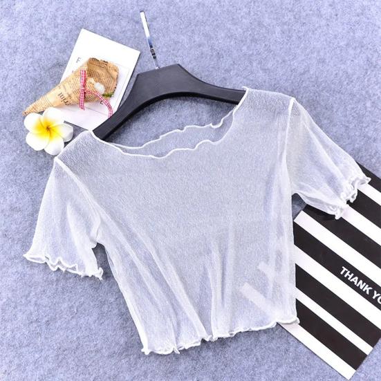 O-Ausschnitt Kurzarm Sheer Trim Crop Top Frauen See-through Glitter Mesh T-Shirt Streetwear