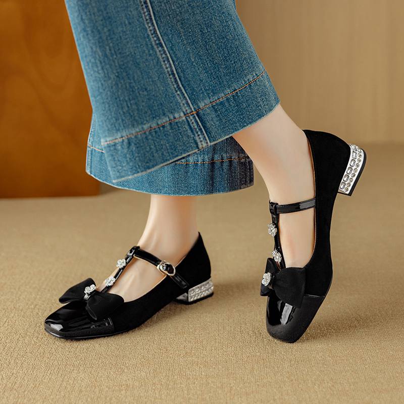 Krazing Pot Sheepskin Summer Size 40 Crystal Low Heels Butterfly-knot Rhinestone Flowers Square Toe Elegant Sweety Pumps