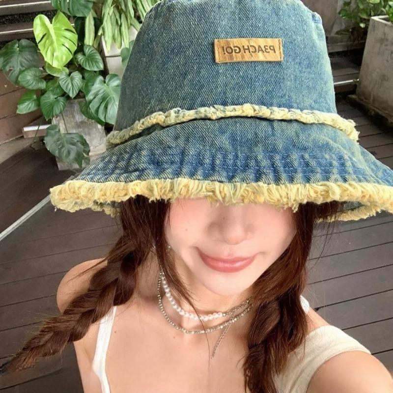 Japanese Retro Raw Edge Washed Denim Bucket Hat Spring And Summer Outdoor Travel Sun Protection Large Brim Foldable Sun Cap