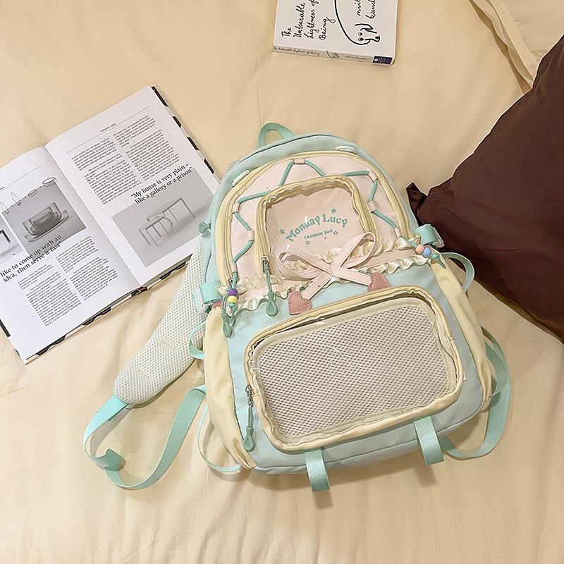 Women's Color Block College-Style Backpack with Ballet Ruffle Lace Design