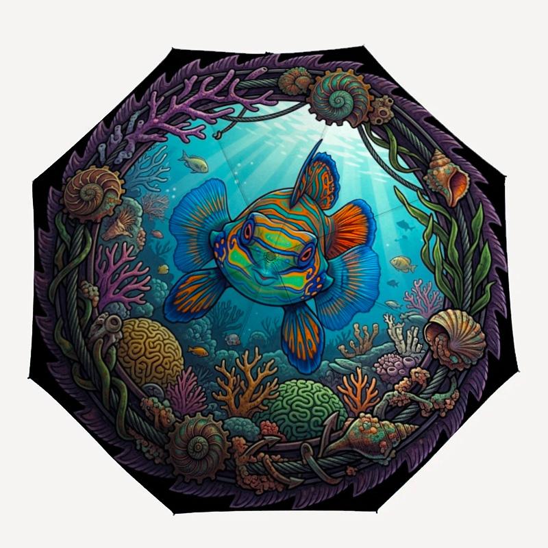 Underwater Marine Life pattern umbrella, portable and foldable design, 8 ribs, a casual accessory for Halloween, Christmas, and birthday gifts.