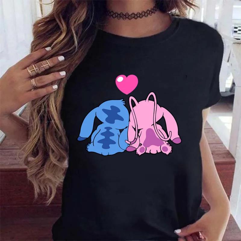 New Fashion FeUnisex Clothing Cartoon Disney Stitch Womens Tshirt Summer Short Sleeve Black Tops