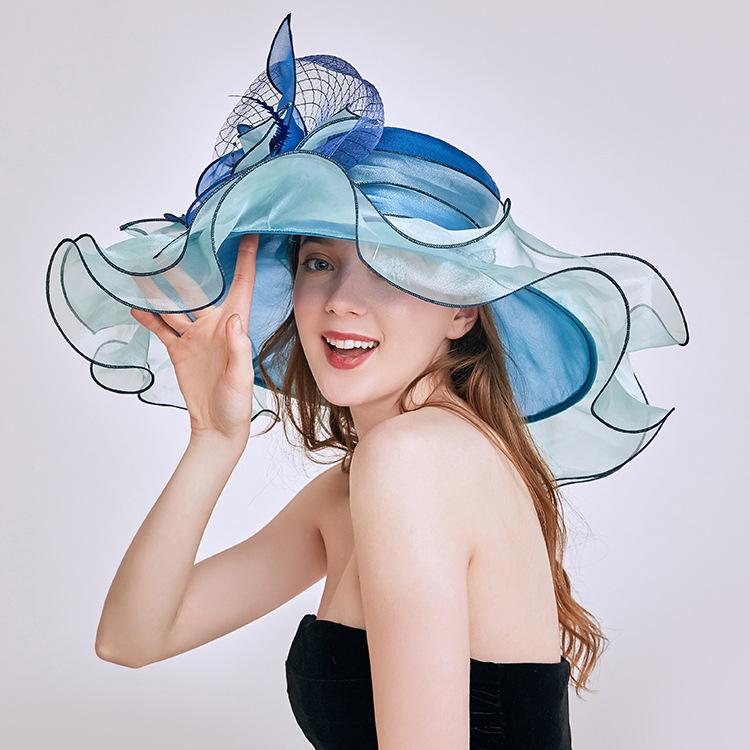 2024 New Organza Big Brim Top Hat Women'S Spring And Summer Sunscreen Sun Hat European And American Fashion Flower Sun Hat Wholesale