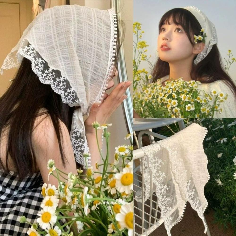 White Woven Floral Lace Hair Scarf Wraps Women Retro Triangle Headscarf Hat Travel Photo Headband Hair Accessories