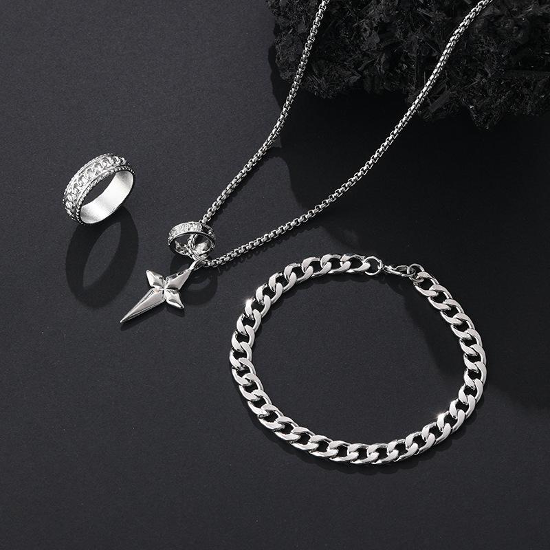 3Pcs Set Men'S Stainless Steel Metal Cross Pendant Chain Necklace Bracelet Ring Jewelry Set Male Hip Hop Daily Wear Accessories