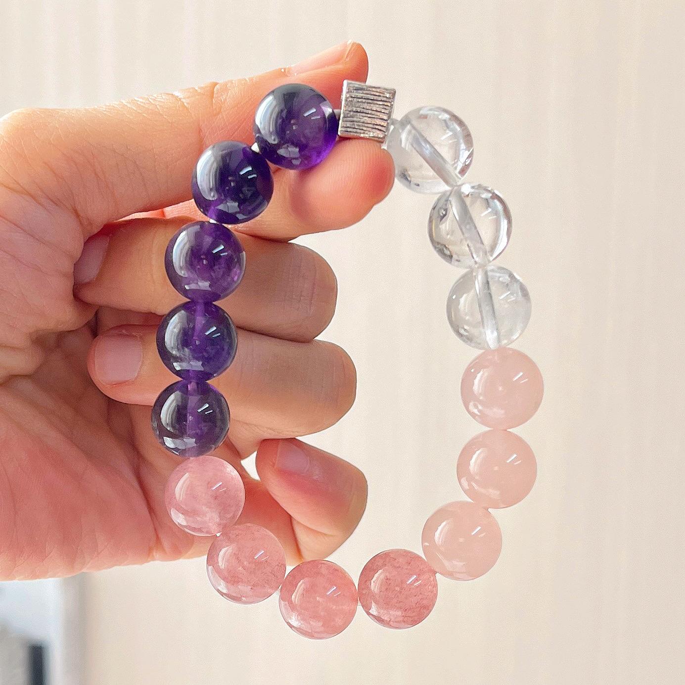 12Mm Large Particle Natural White Crystal Powder Crystal Strawberry Crystal Amethyst Design Bracelet