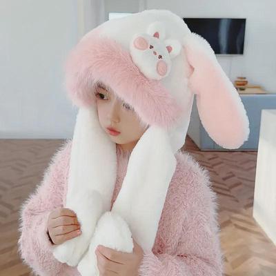 Cute Rabbit Ear Children's Hat & Scarf Combo - Plush, Warm, and Movable Ears for Girls.
