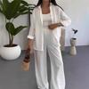 Women's Solid Color Loose Long Sleeve Shirt Elastic Waist Wide Leg Pants Casual Two Piece Outfit Set