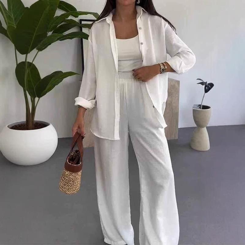 Women's Solid Color Loose Long Sleeve Shirt Elastic Waist Wide Leg Pants Casual Two Piece Outfit Set