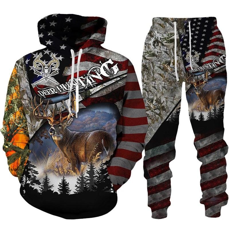 Country Men Deer Hunting Hoodies 3D Print Tracksuit Set Men's Hoodie Pants 2pcs Set Fashion Camo Streetwear Pullover Clothes