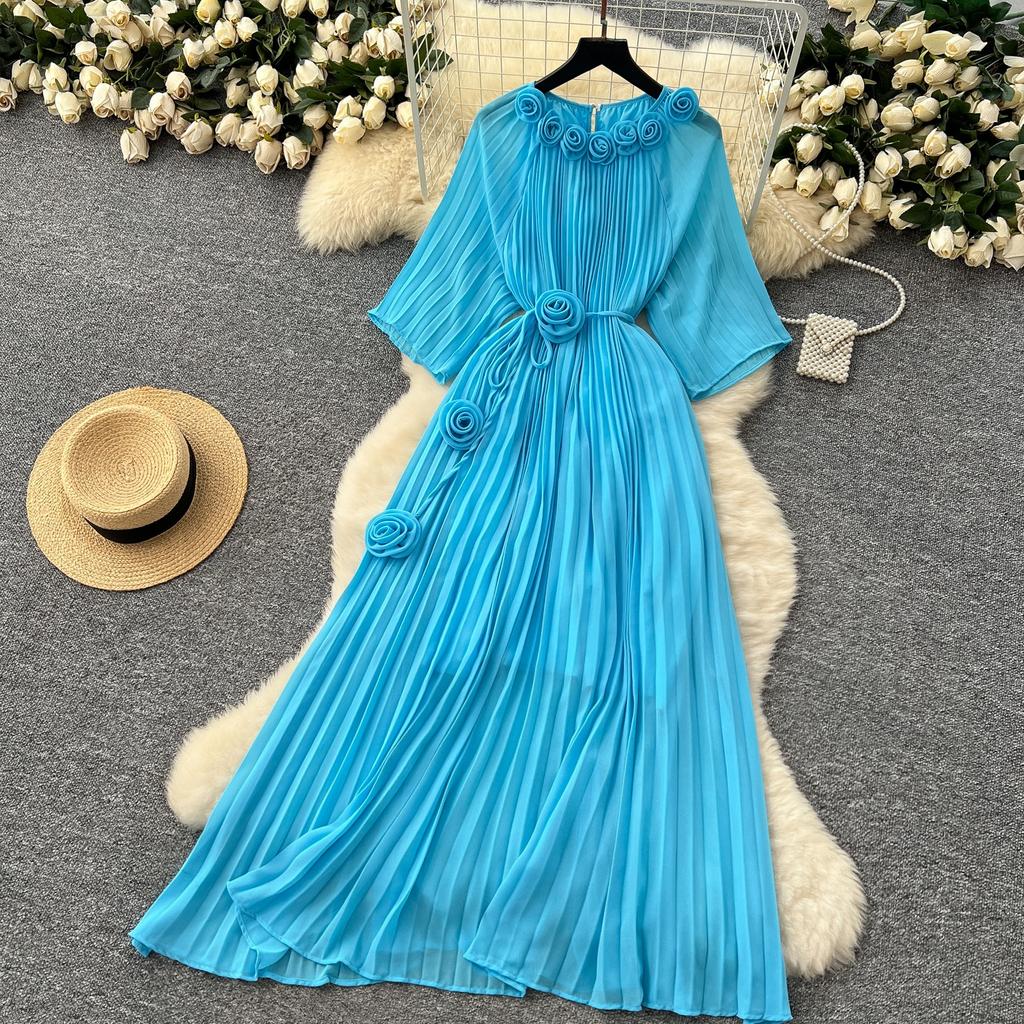 Spring Autumn Woman Dress New Flower Round Ne Seven-Quarter Sleeve Waist-Cinching Pleated Dresses for  Women Slimming Gown