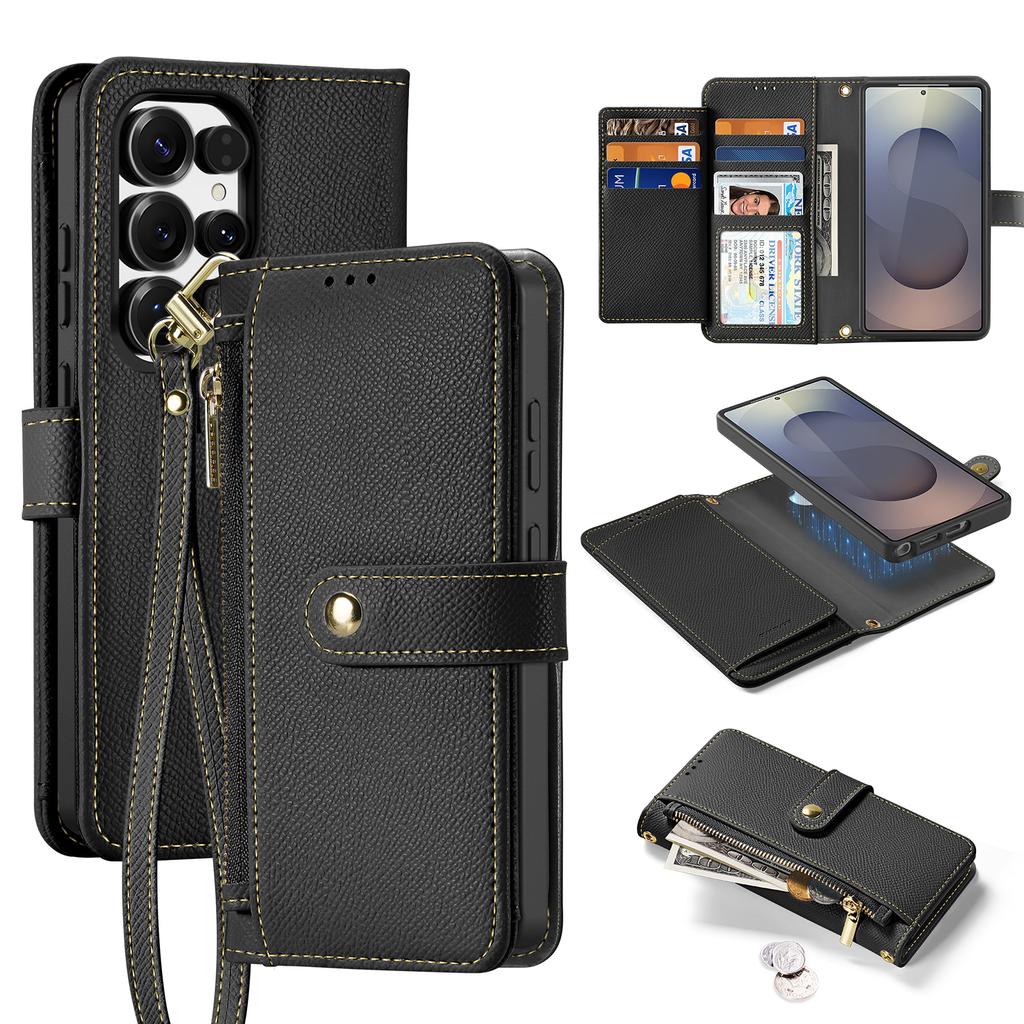Premium Cow Leather Wallet Case for Samsung Galaxy S25 Ultra Plus Edge Detachable Magnetic Charging Phone Cases Protective Cover