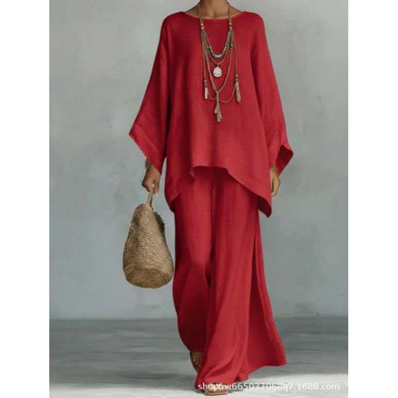 Womens Elegant Loose Fit Solid Color Linen Blend Shirt Wide Leg Pants Set 2026