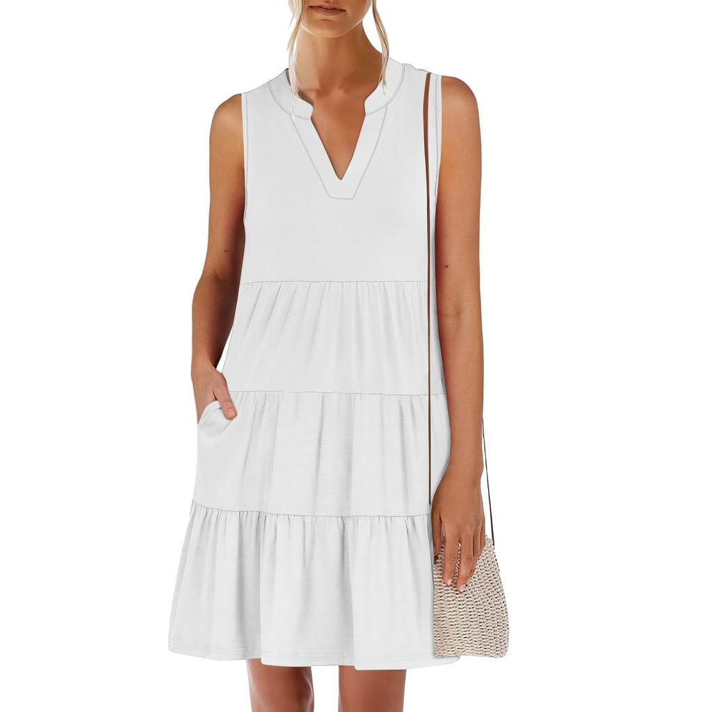 Women's Summer Fashion V-neck Sleeveless Patchwork Solid Color Casual Dresses