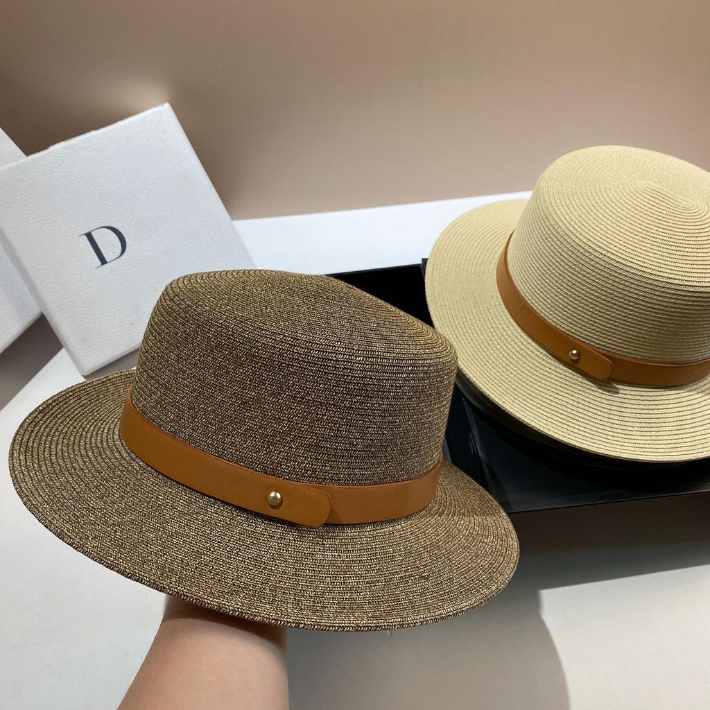 Summer UV Sunscreen Plant Fiber Woven Flat Top Straw Hat Fashionable High Quality Simple Belt Big Brim Top Hat