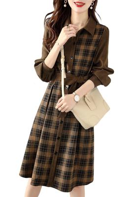 Chubikime Shirt Long Check Midi Ribbon Stylish for and Spring Women's Dress, Sleeve, Pattern, Length, A-Line, Detail, Turn-Down Collar, Elegant,