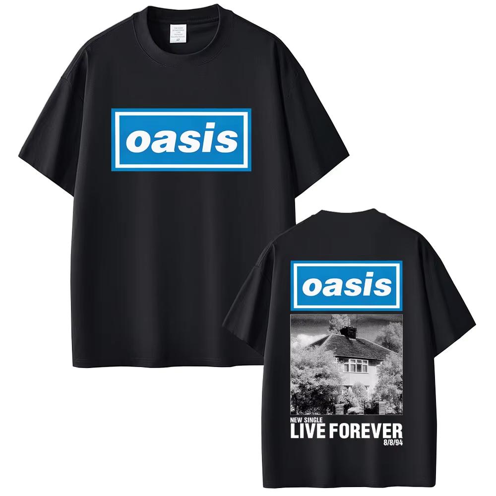 O-Oasis Live Forever T Shirt British Rock Band T Shirts Men Women Classic Oversized T-shirt Women Cotton Short Sleeve T-shirts