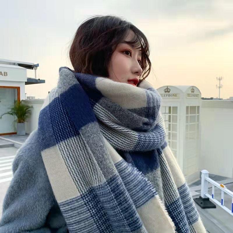 Blue Grid Imitation Cashmere Scarf for Female Korean Female Winter Ladies Winter Students Japanese